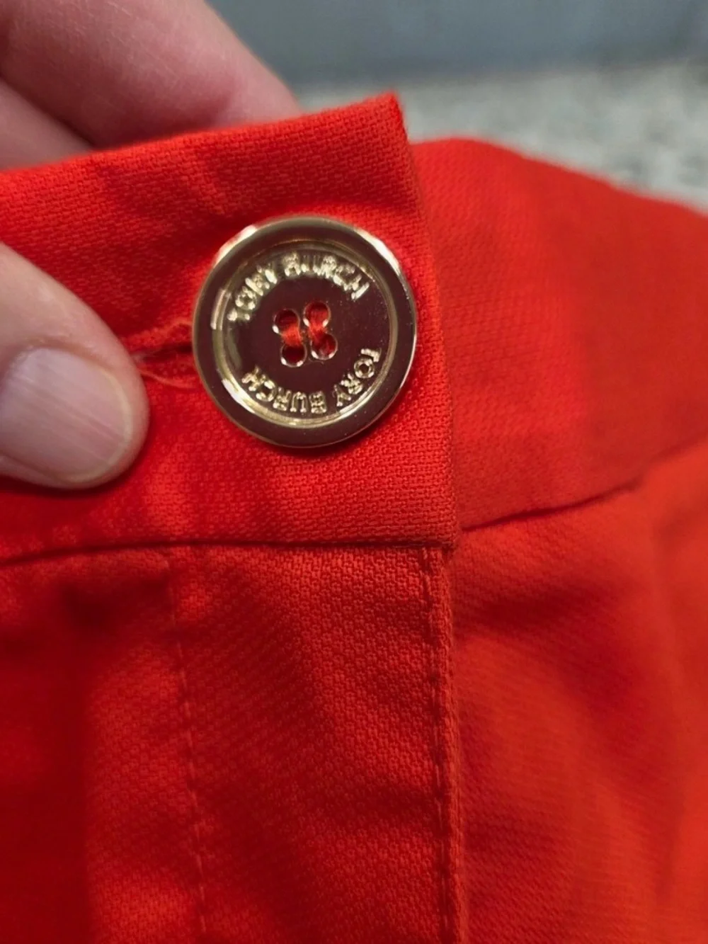 Tory Burch Orange/Red Bright Cotton Shorts‎ Gold Logo Button Size 4